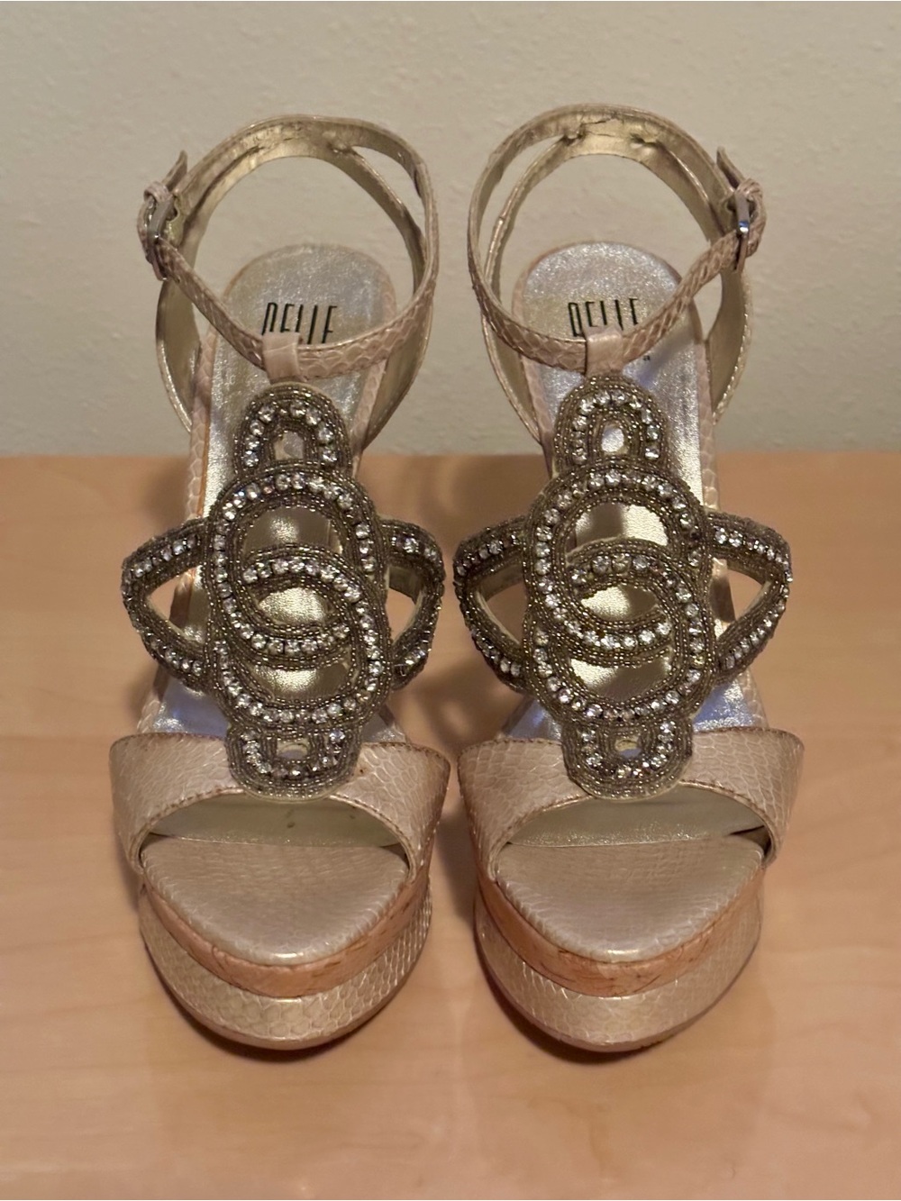 Pelle Moda Crystal Embellished Platform Sandals – Blush/Nude Snakeskin 9.5M